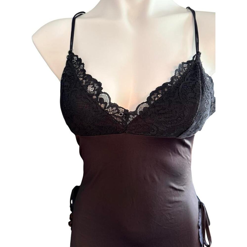 Pink Robe with Black Lace Trim and Black Chemise 2 Piece Set Sz S - Picture 5 of 8